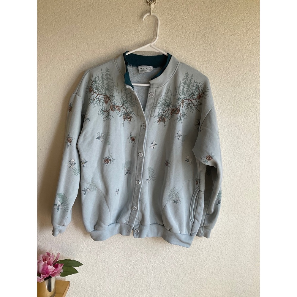 National Wildlife Federation Nature Print Button 90s Sweatshirt Blue no size